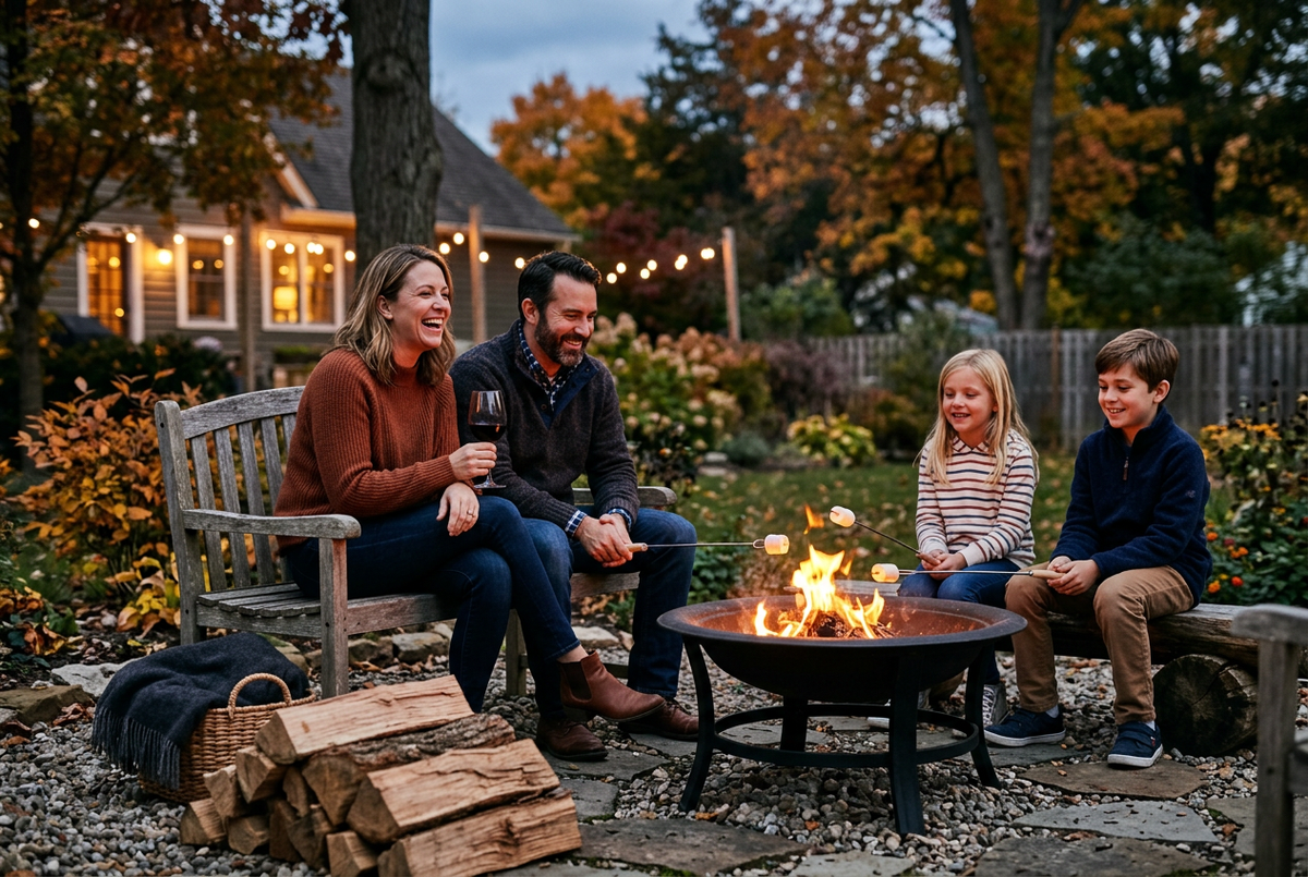 Family enjoying an outdoor firepit with wine, marshmallows, and loose firewood nearby