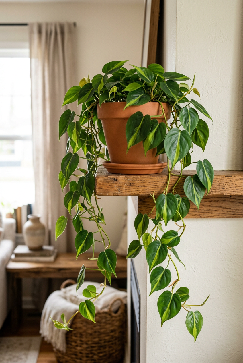 Illustrative example of possible Philodendron Brasil growth after approximately three years indoors, with leafy vines trailing from a shelf. Actual growth and variegation vary.