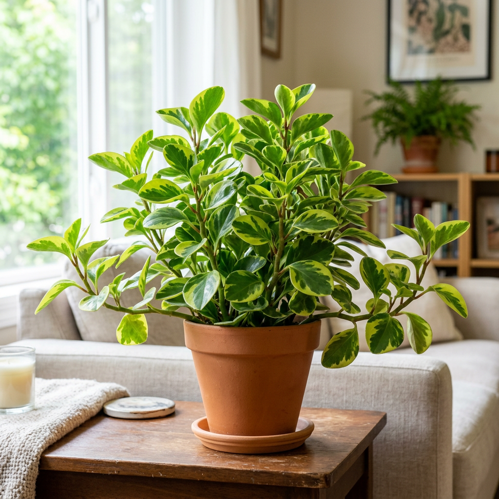 Illustrative example of possible Peperomia Lemon Lime growth after approximately three years indoors, showing a fuller compact branching plant. Actual growth varies.