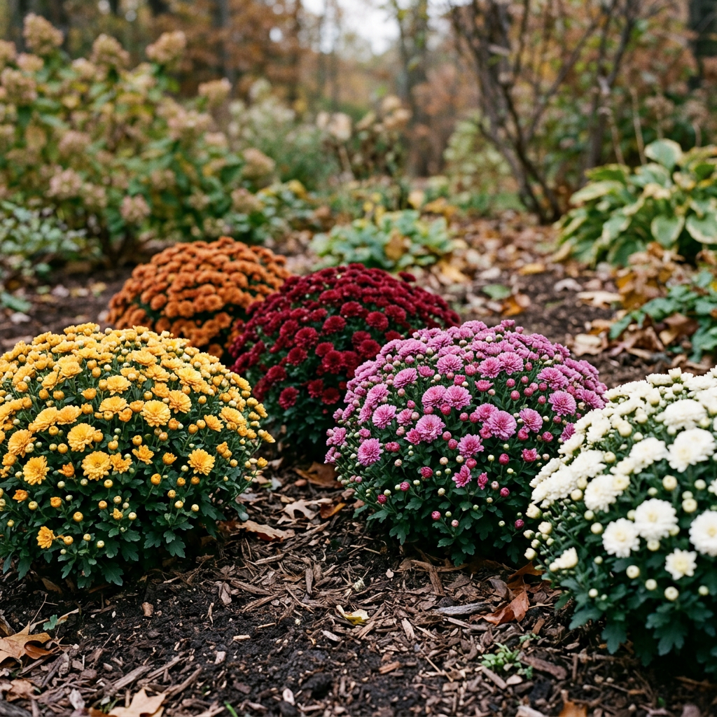 Representative multicolor mum grouping planted in an autumn garden border
