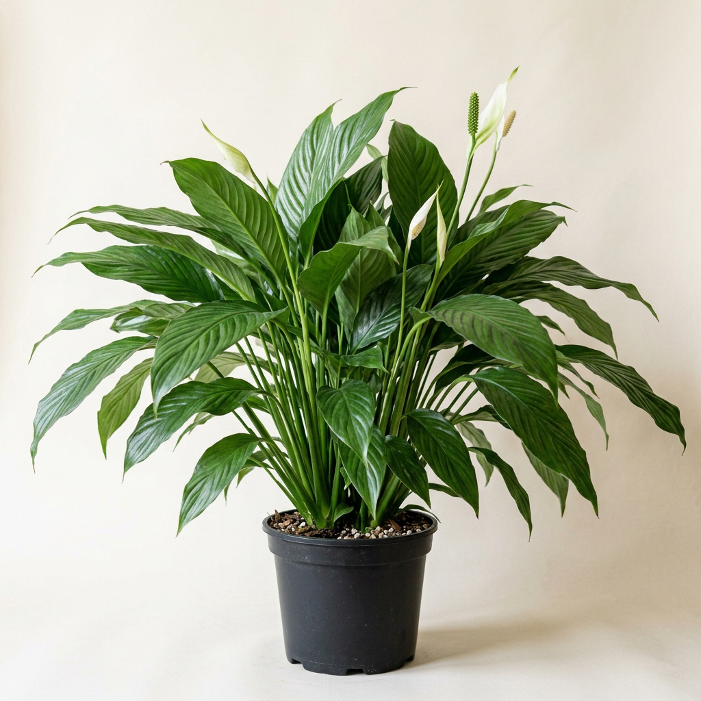 AI-generated representative image of a large, full Peace Lily in a black 10-inch nursery pot.