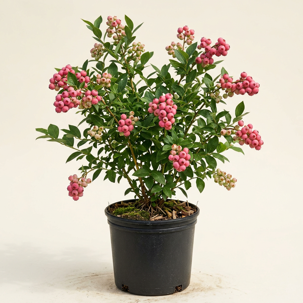AI-generated representative image of a full Pink Lemonade blueberry shrub with pink berries in a black nursery pot; actual plant appearance and fruiting vary.