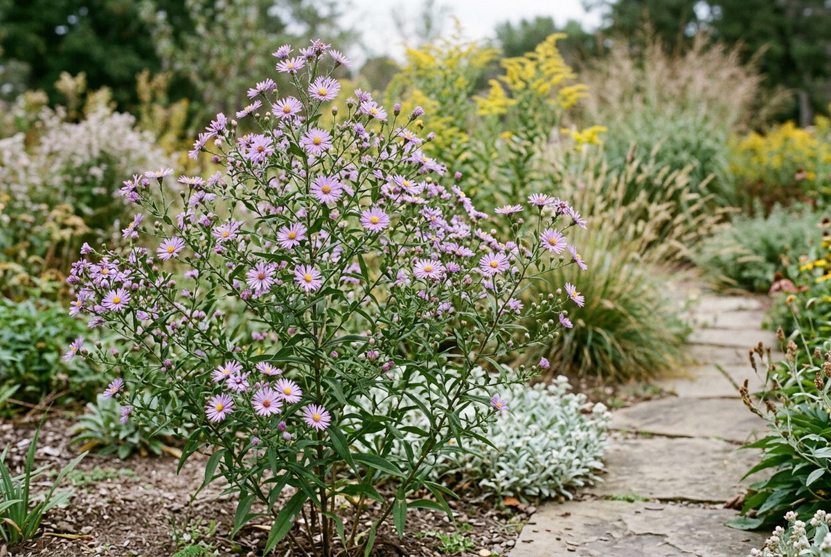 Established New York aster garden depiction framed by goldenrod and ornamental grasses