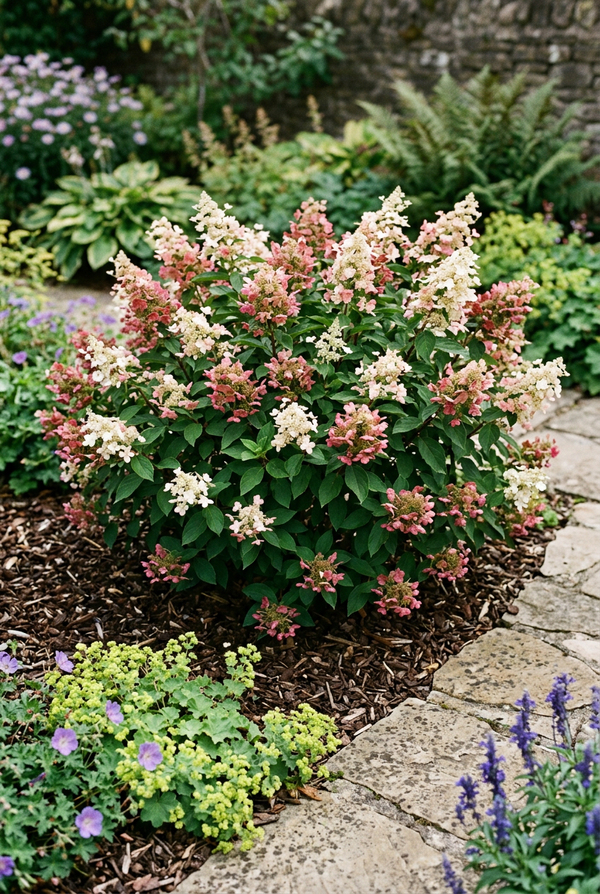 Compact Tiny Quick Fire hydrangea planted beside a garden path