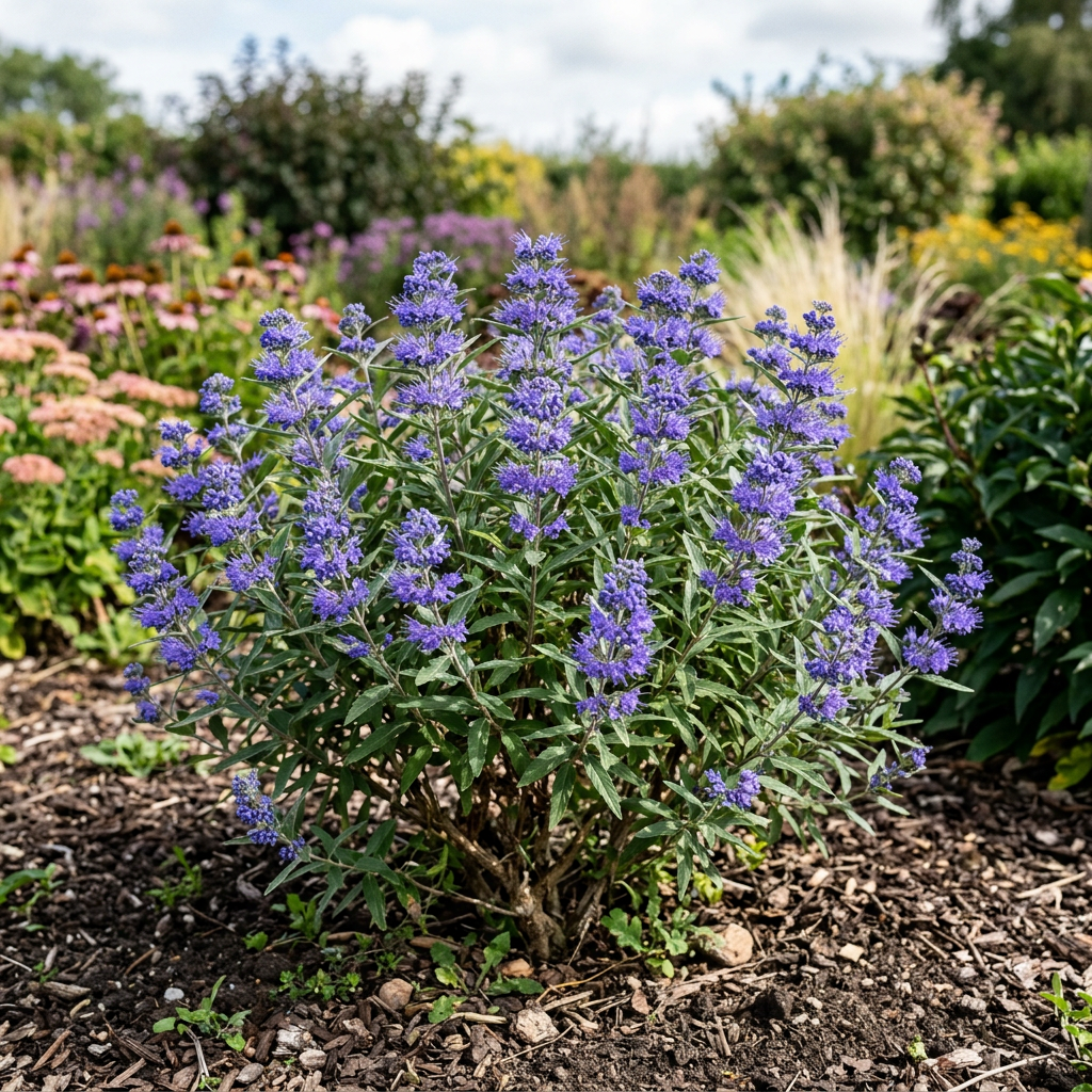Caryopteris ‘Pavilion Blue’ illustrating approximately three years of garden growth