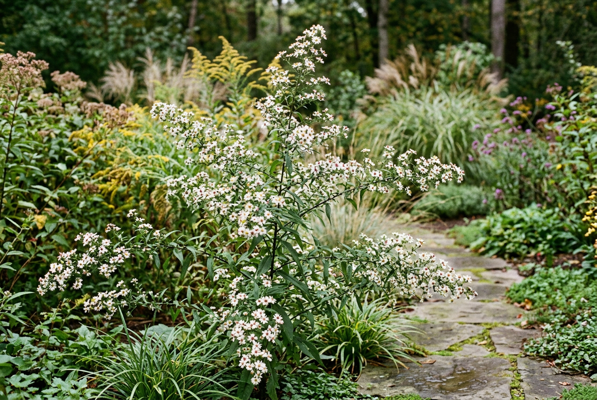 Established calico aster garden depiction with complementary goldenrod and grasses