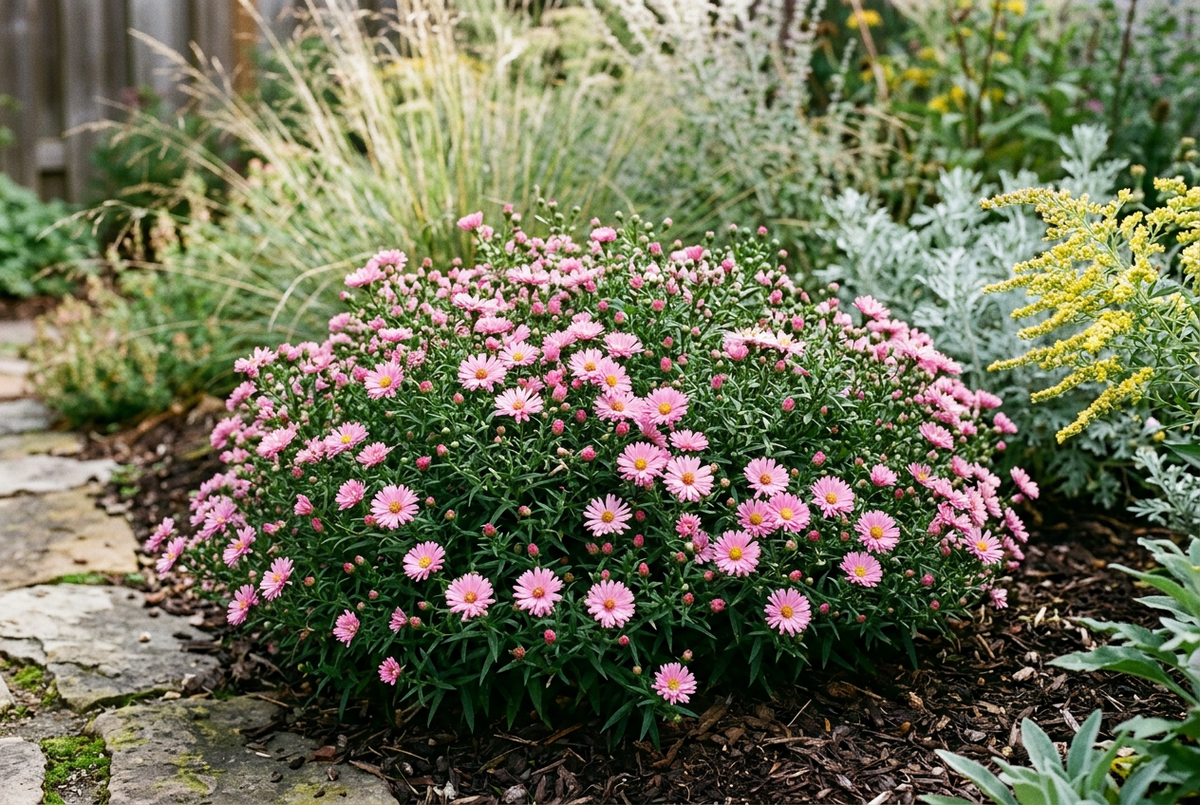 Wood’s Pink aster as the focal point in a complementary perennial garden