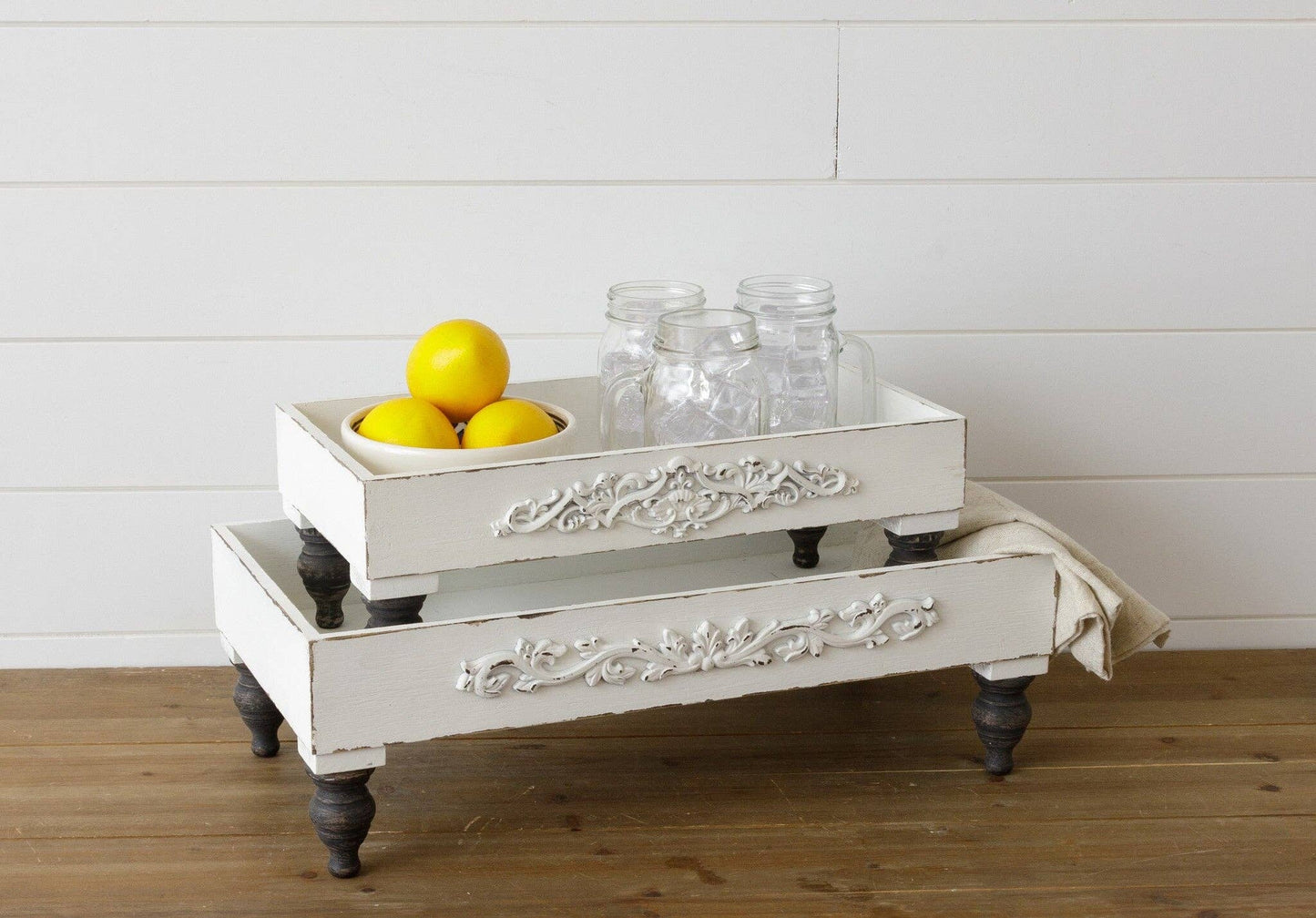 Distressed White Raised Tray Small