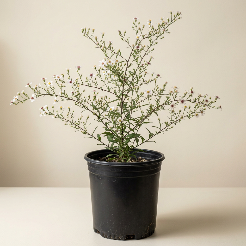 Calico aster against a soft off-white photographic backdrop
