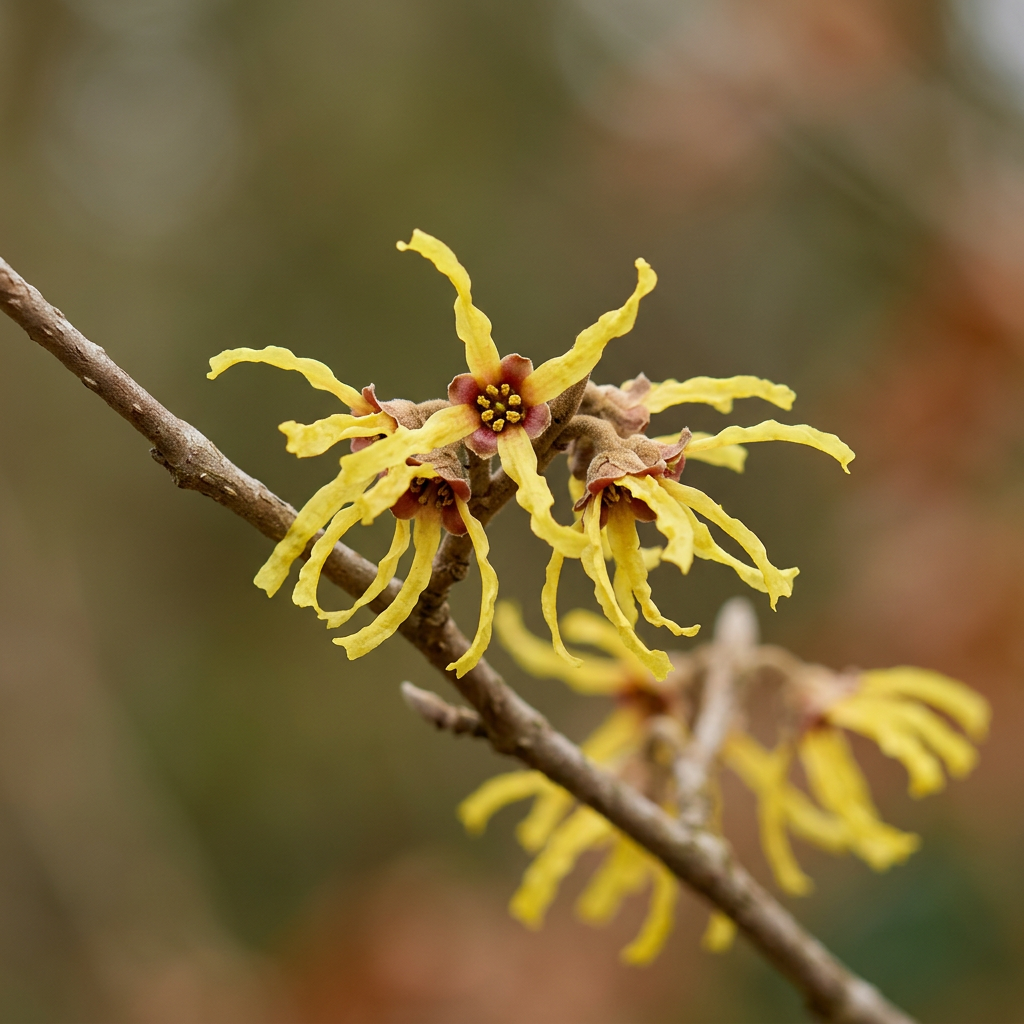 Close-up of common witch hazel’s yellow ribbon-like flowers