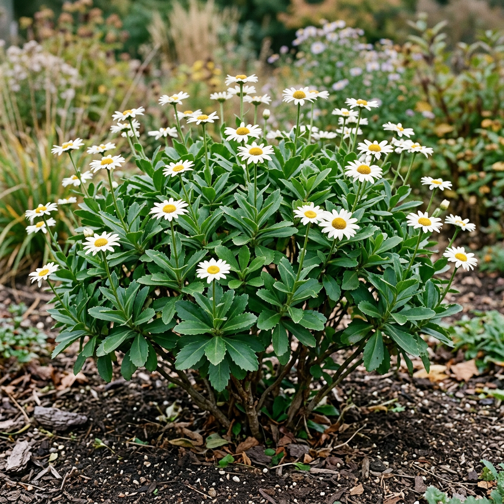 Established Montauk Daisy planted in a garden after approximately three years
