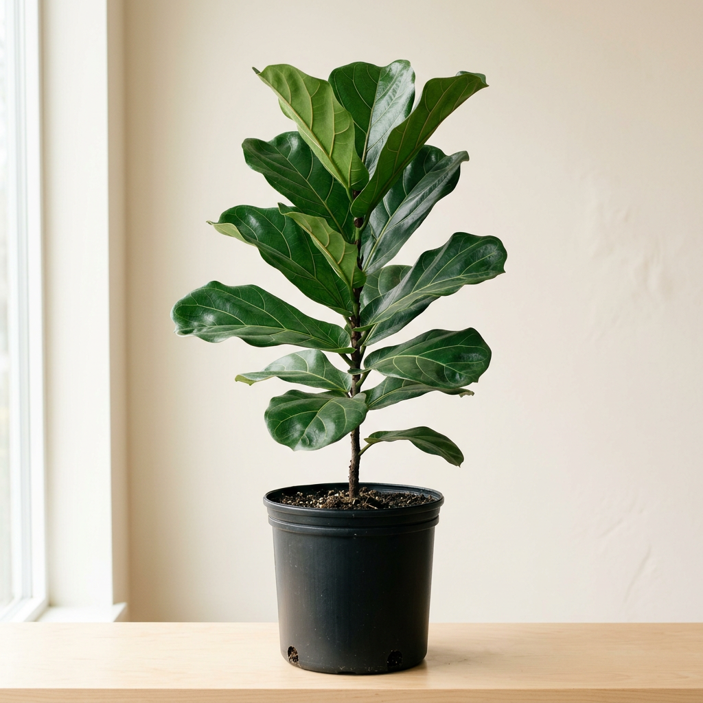 Fiddle-leaf Fig in a black plastic nursery pot