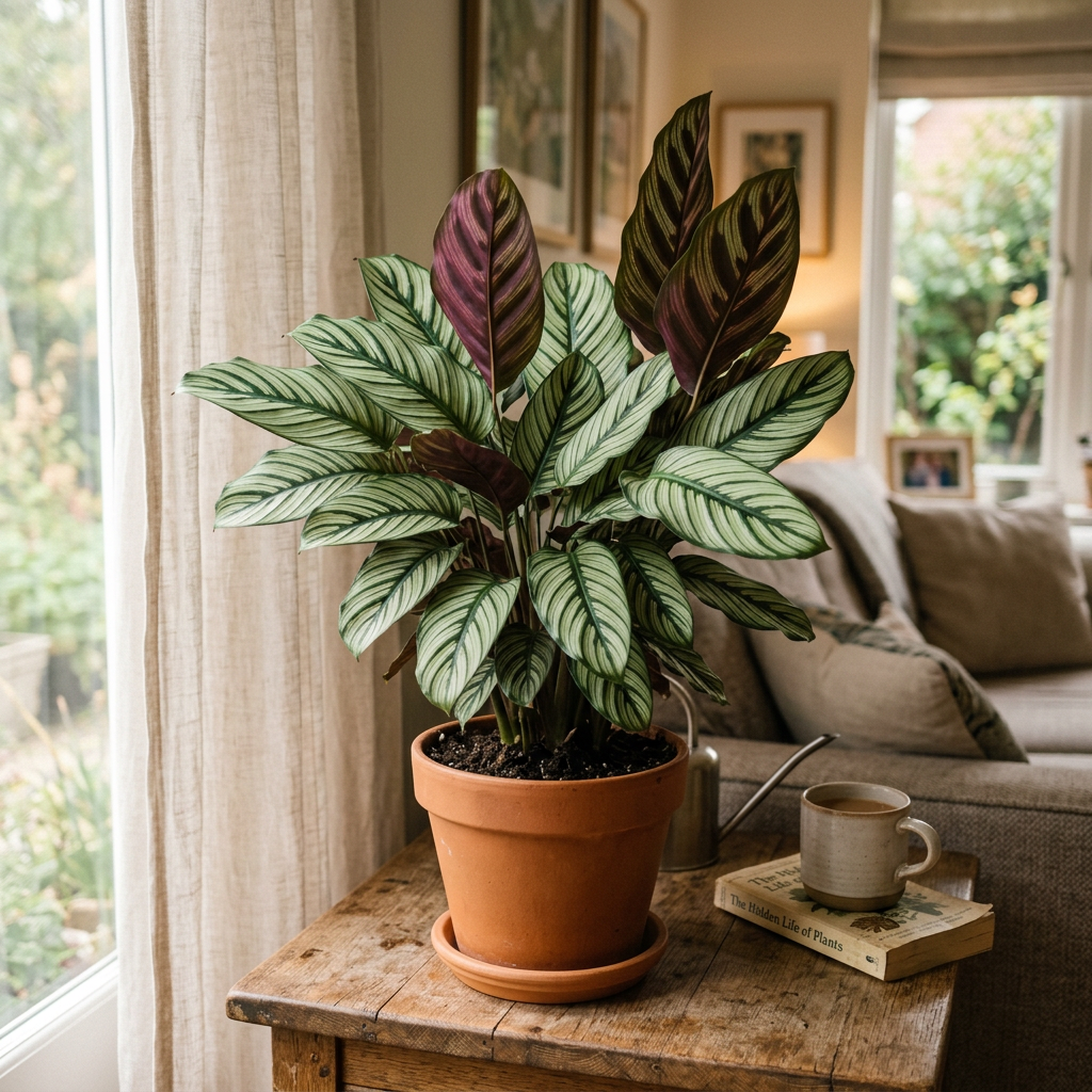 Illustrative example of possible Calathea makoyana growth after approximately three years indoors, showing a fuller patterned leafy clump near a window. Actual growth varies.
