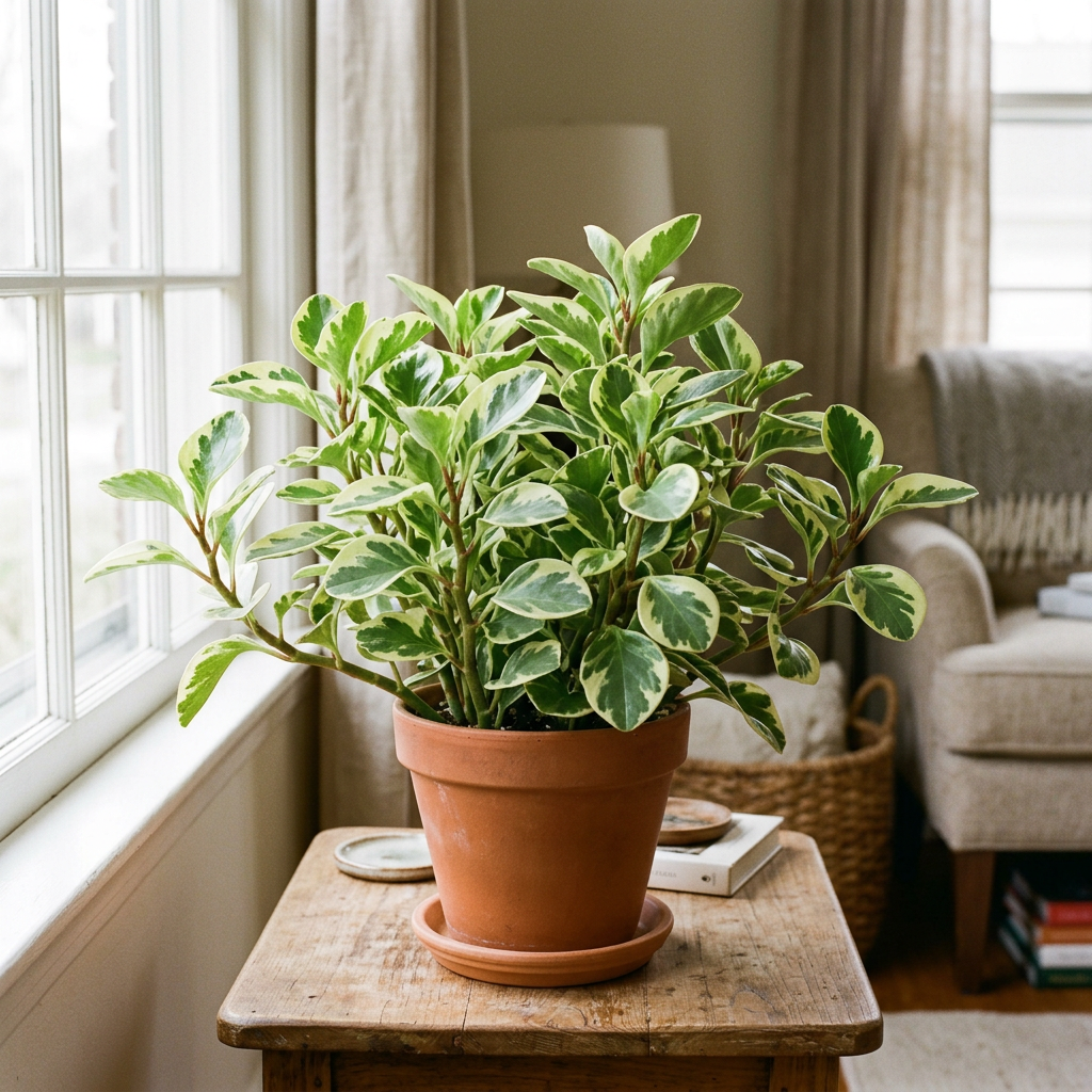 Illustrative example of possible Peperomia obtusifolia Variegata growth after approximately three years indoors, showing a fuller compact branched plant. Actual growth and variegation vary.