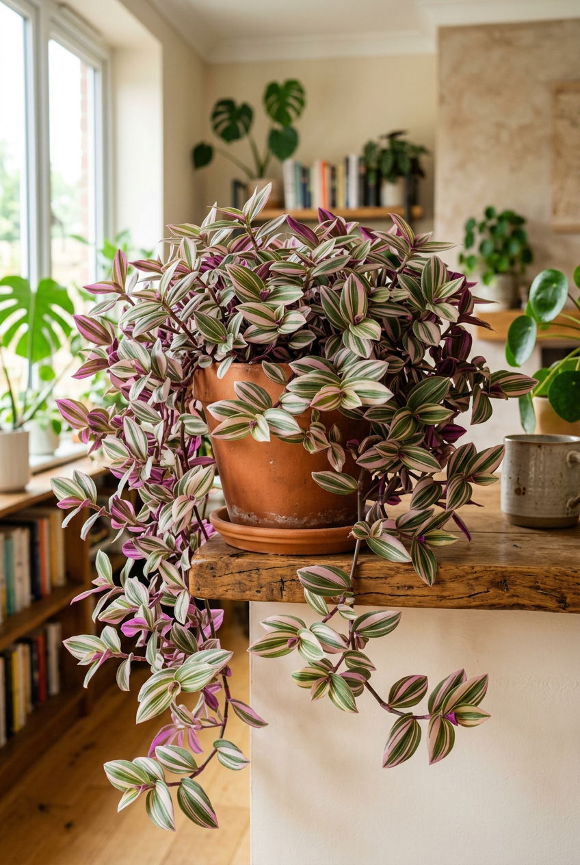Illustrative example of Tradescantia Lollipop maintained over approximately three years indoors with pruning and renewal from cuttings, showing fuller trailing foliage. Actual growth and coloring vary.