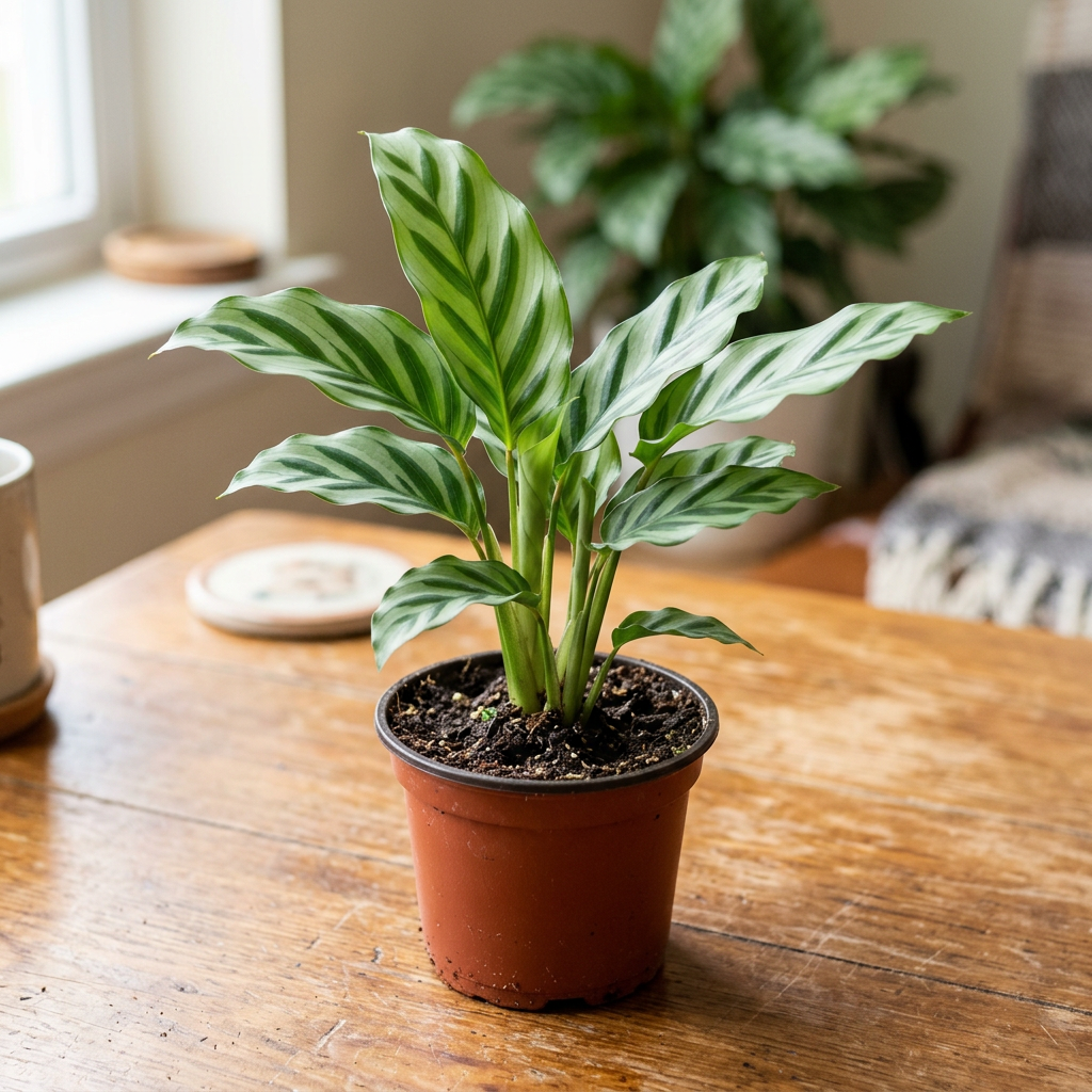 Illustration of a small Calathea Freddy in a 4-inch nursery pot on an indoor table, with slender light green leaves and dark feather-like stripes.