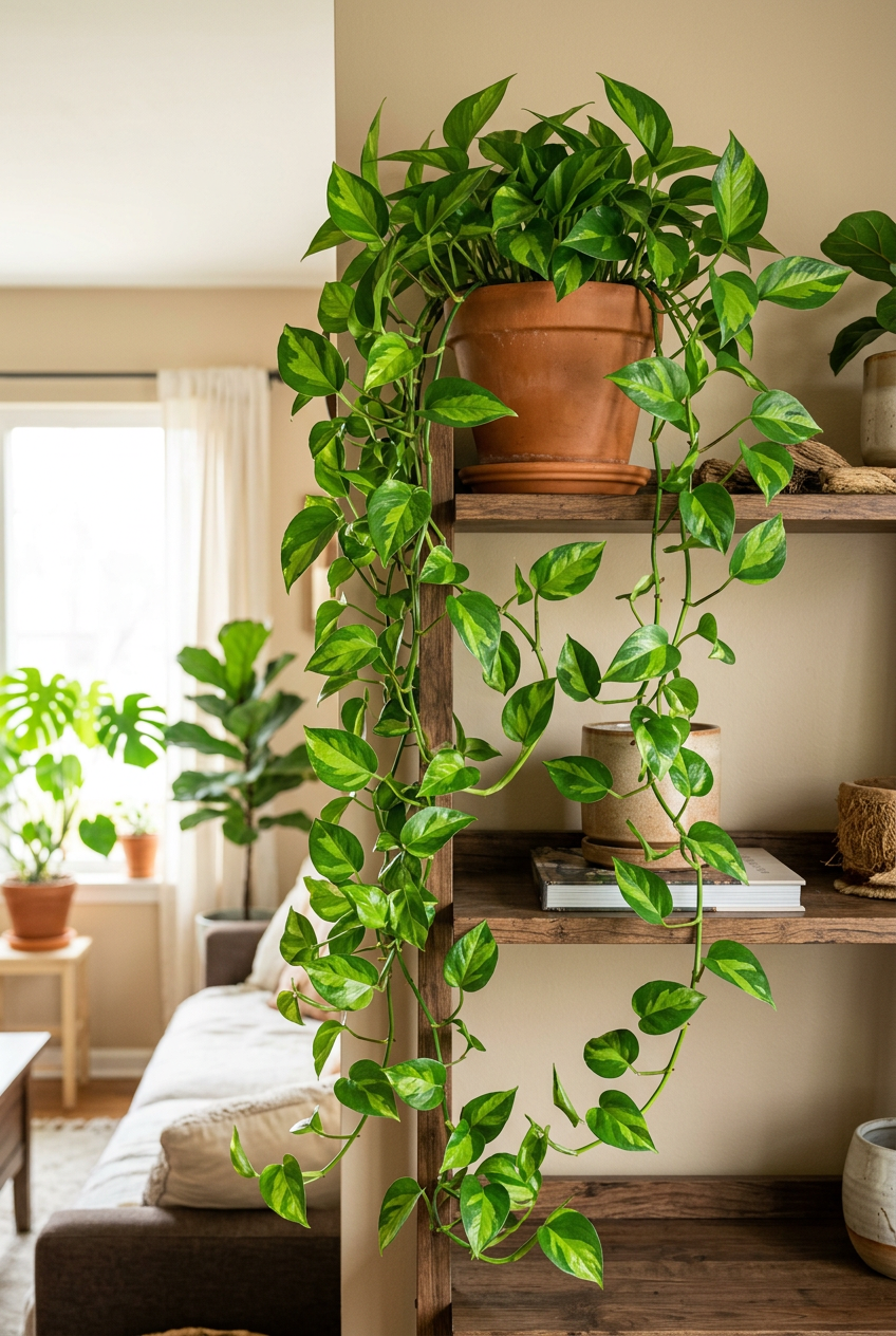 Illustrative example of possible Global Green Pothos growth after approximately three years indoors, with full leafy vines trailing from a shelf. Actual growth and leaf patterns vary.
