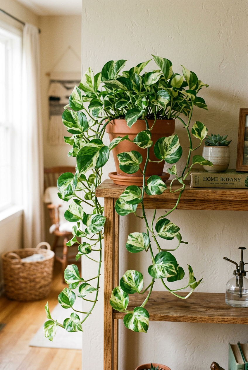 Illustrative example of possible Manjula Pothos growth after approximately three years indoors, with fuller trailing vines on a shelf. Actual growth and variegation vary.