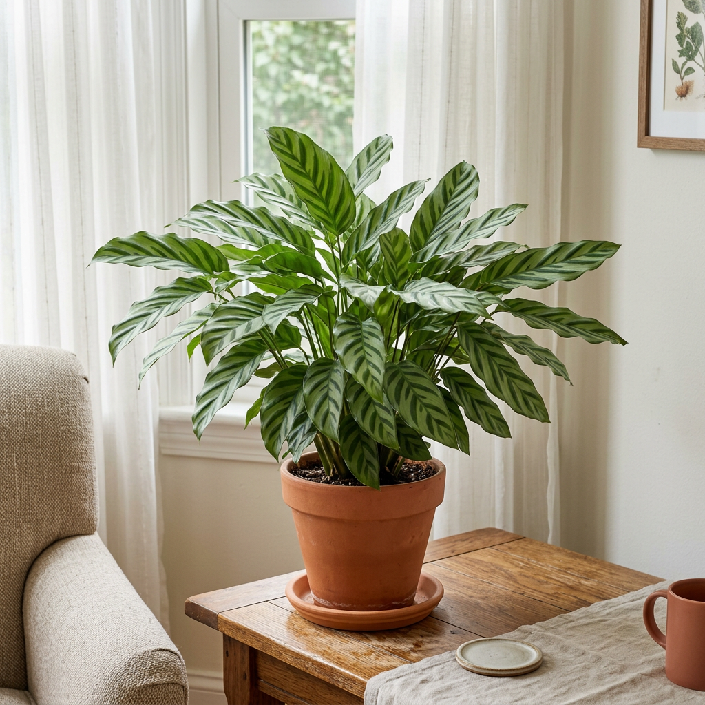 Illustrative example of possible Calathea Freddy growth after approximately three years indoors, showing a fuller striped leafy clump on a table near a window. Actual growth varies.