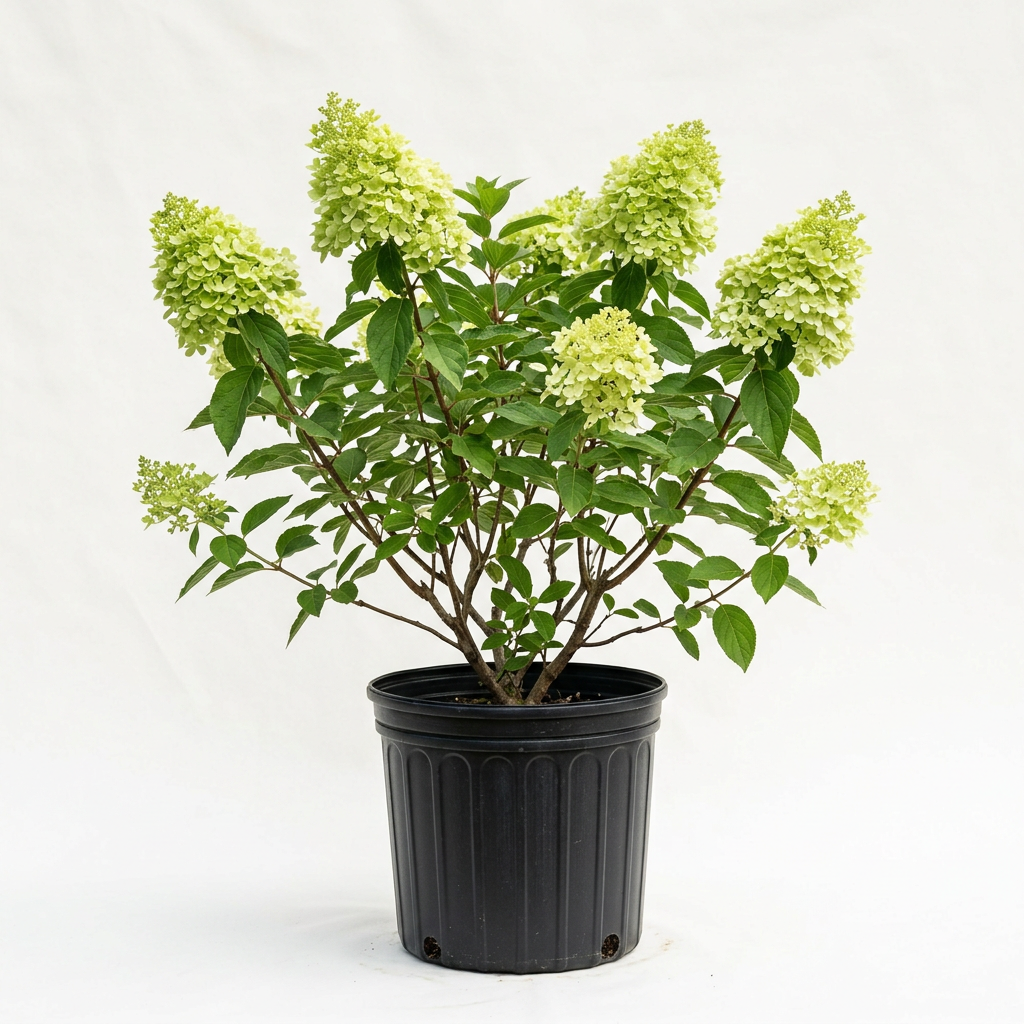 Representative Little Lime hydrangea with lime-green flower panicles in a black 3-gallon nursery pot