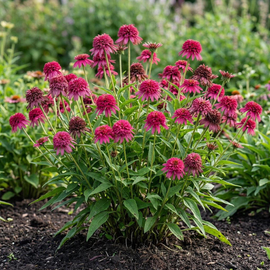 Established Echinacea ‘Raspberry Truffle’ with raspberry double flowers and natural branching