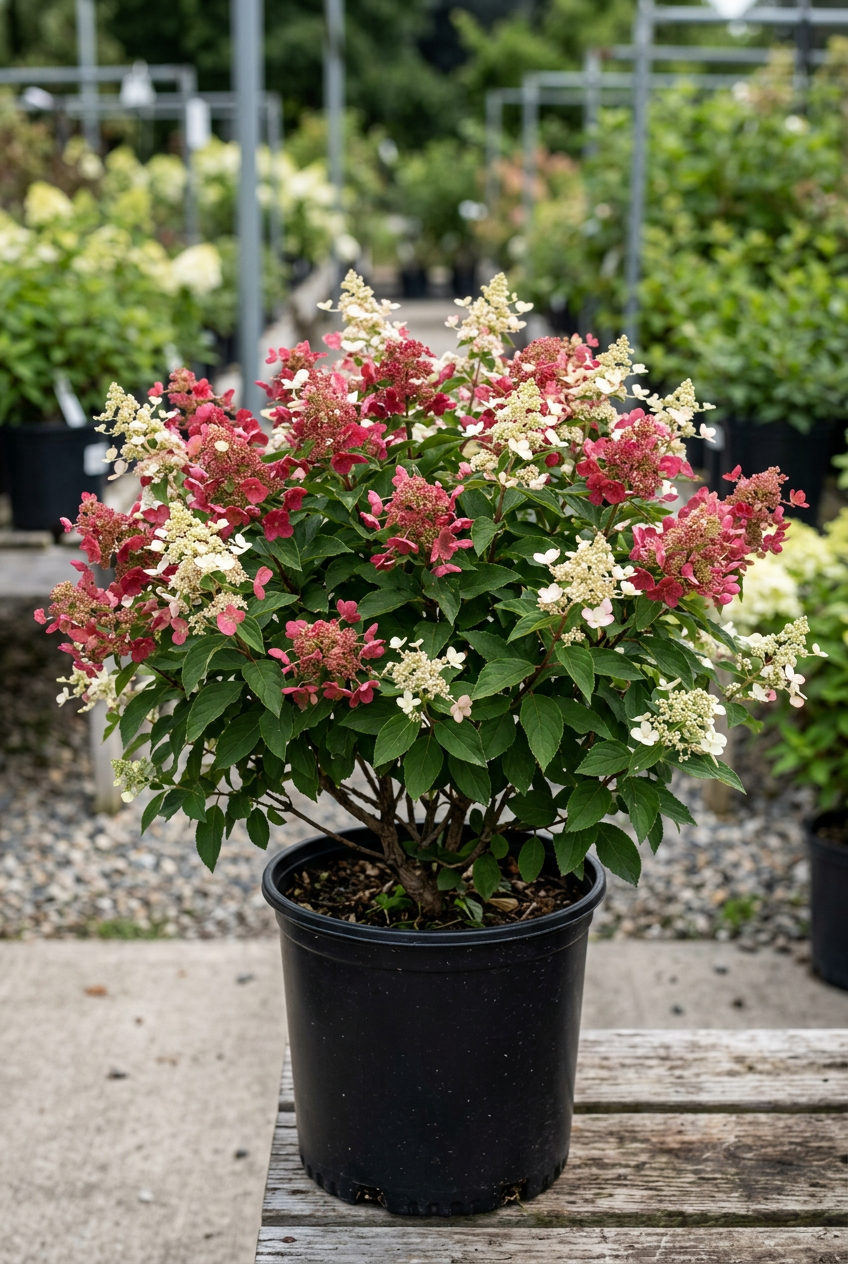 Tiny Quick Fire hydrangea shrub in a plain nursery pot
