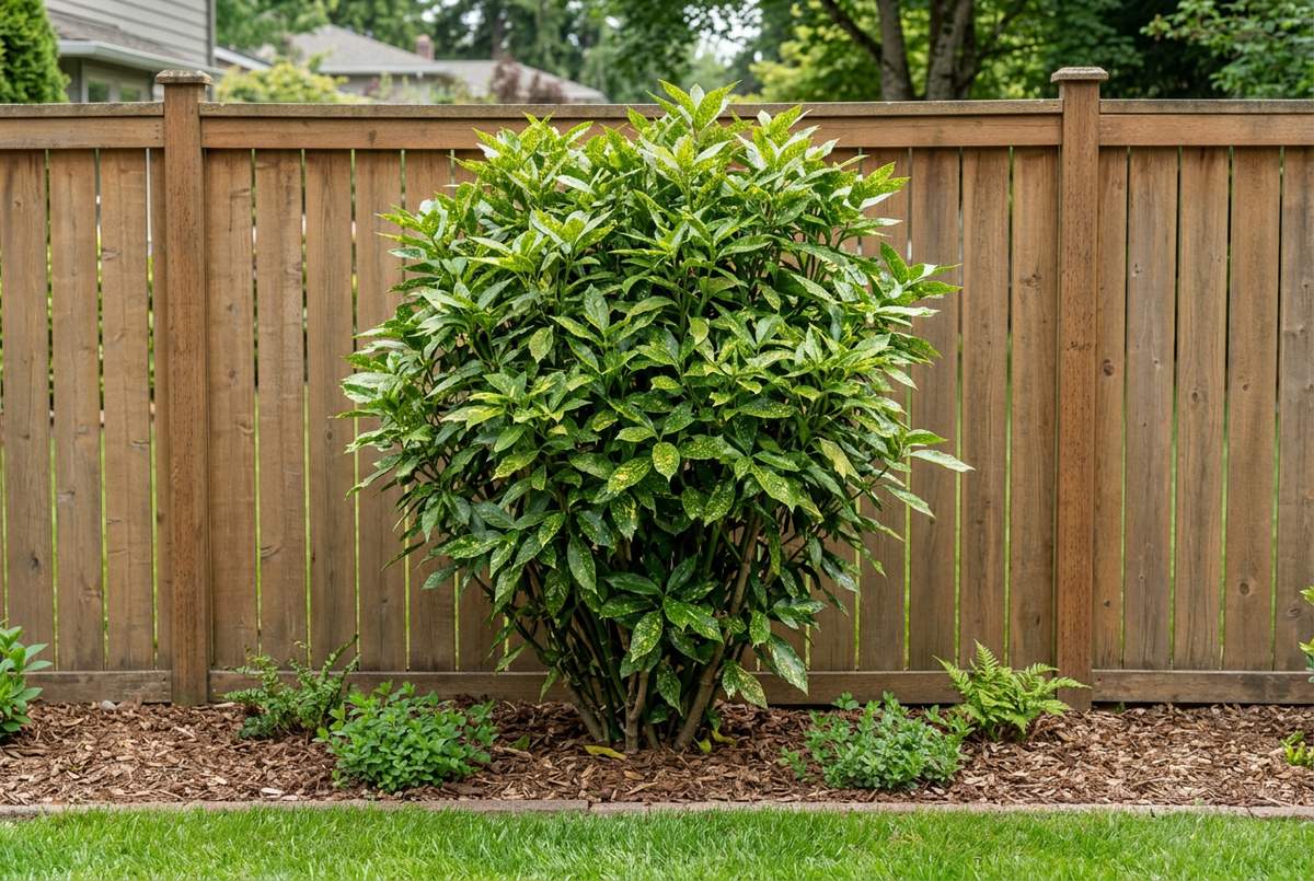 AI-generated garden illustration of a 5–6-foot Mr. Goldstrike aucuba beside a six-foot privacy fence for scale. Possible established appearance; actual three-year growth varies.