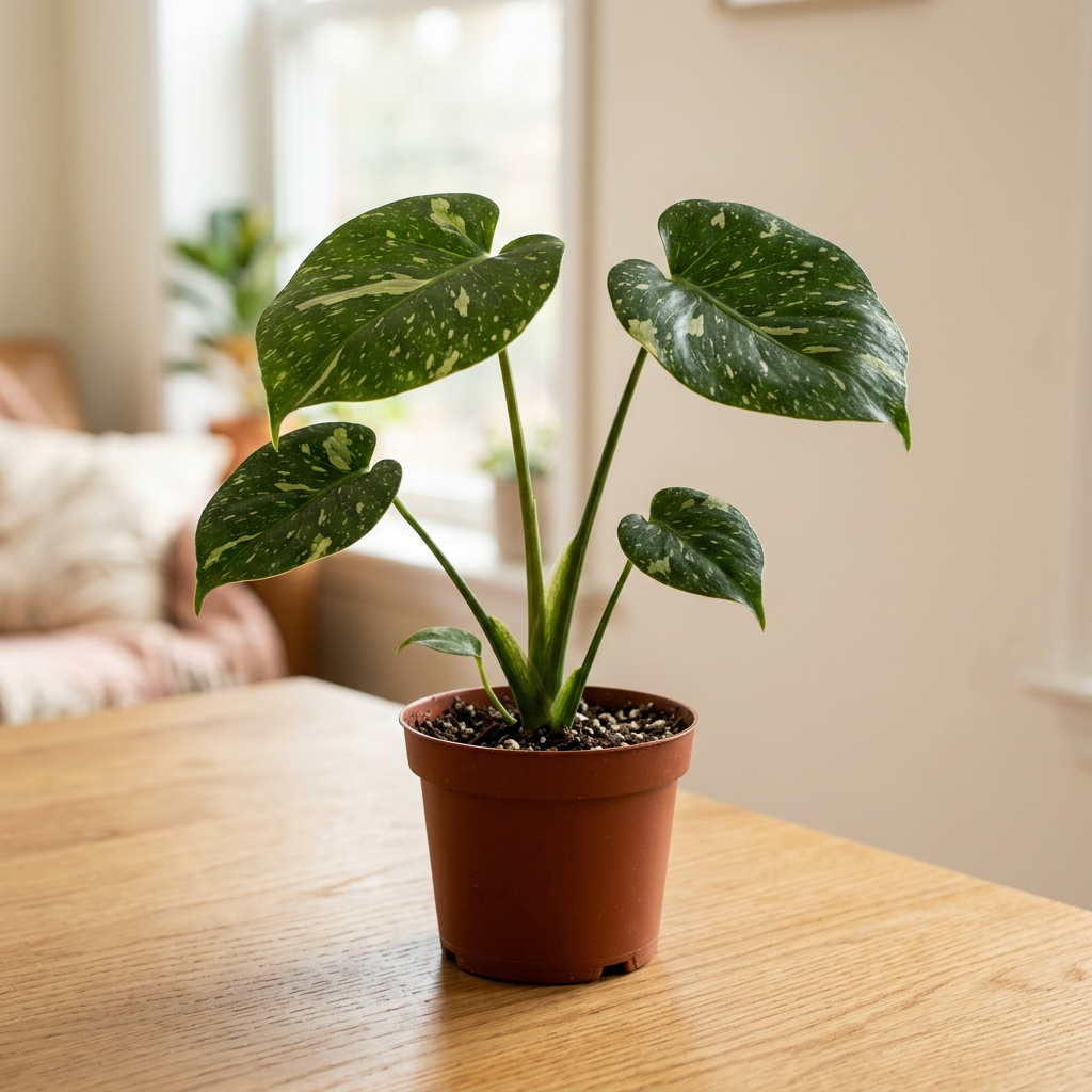 Illustration of a juvenile Monstera Thai Constellation with cream-speckled leaves in a 4-inch nursery pot indoors.