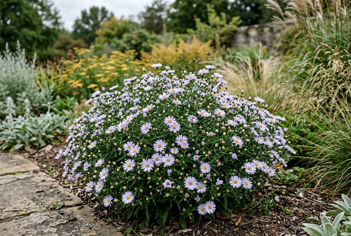 Established Aster ‘Wood’s Light Blue’ garden depiction with complementary grasses and golden flowers