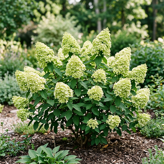 Representative established Little Lime hydrangea in summer with lime-green and creamy blooms