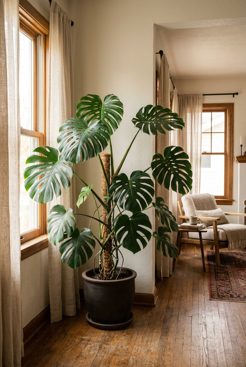 Illustrative example of possible Monstera deliciosa growth after three additional years from an established 8-inch-pot plant, placed in a corner-window nook. Actual growth varies.