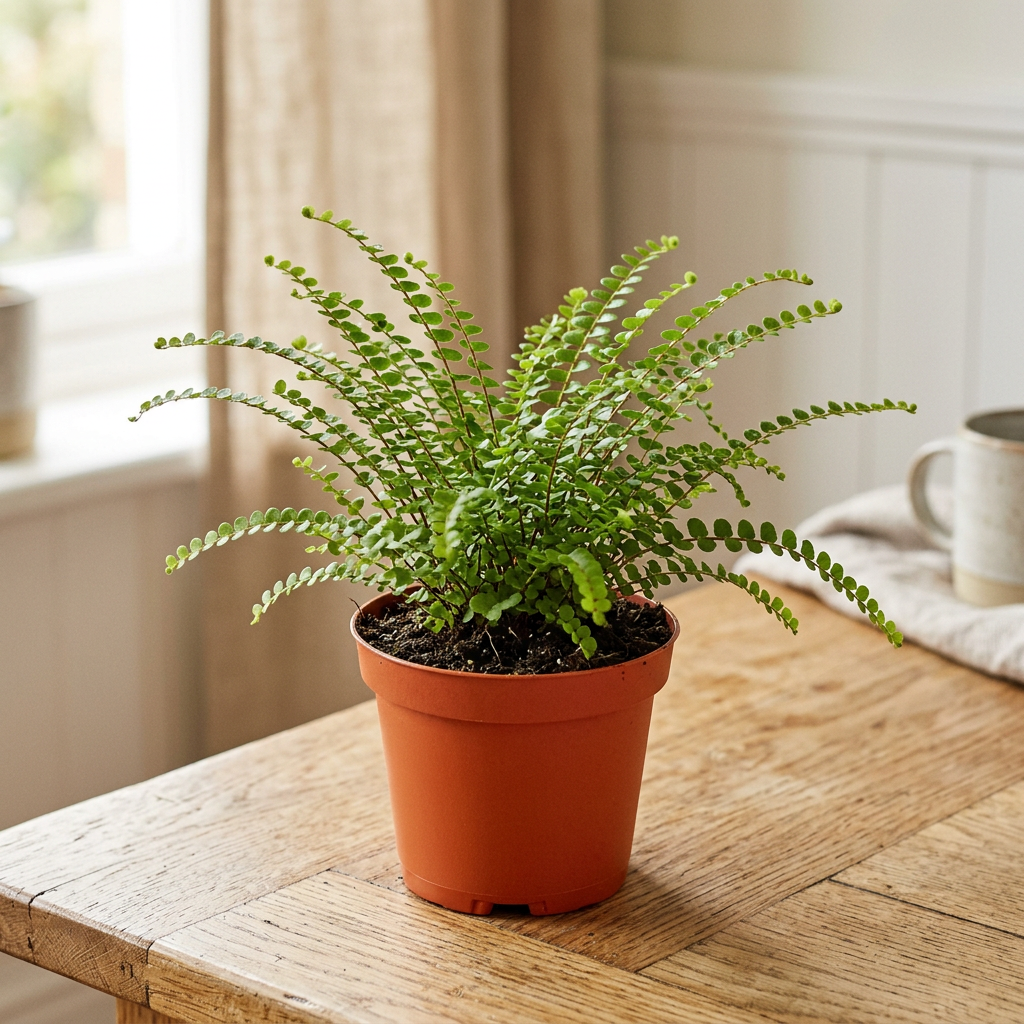 Illustration of a small Lemon Button Fern with delicate arching fronds in a 4-inch nursery pot indoors.