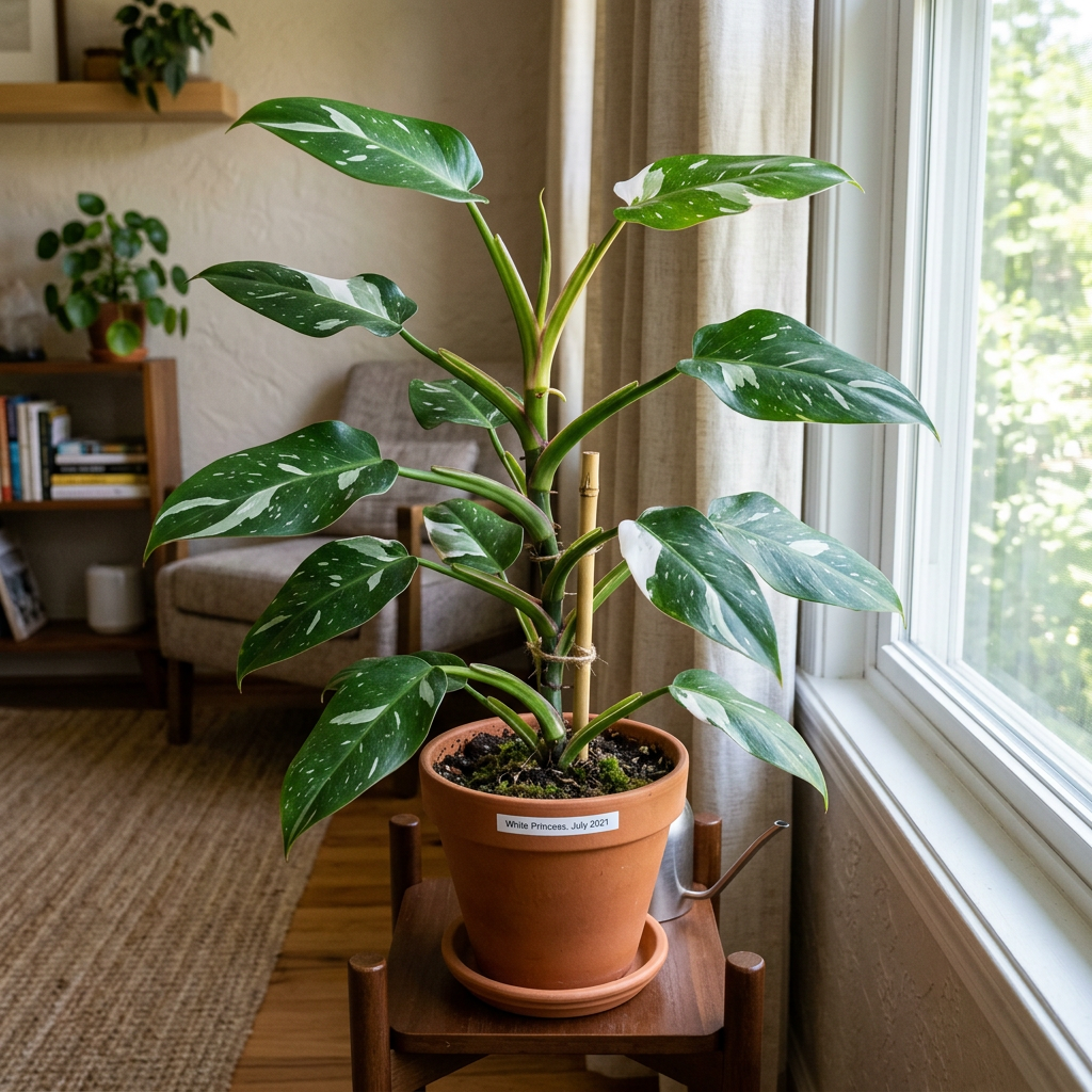 Illustrative example of possible Philodendron White Princess growth after approximately three years indoors, with fuller green and white foliage and a support stake. Actual growth and variegation vary.