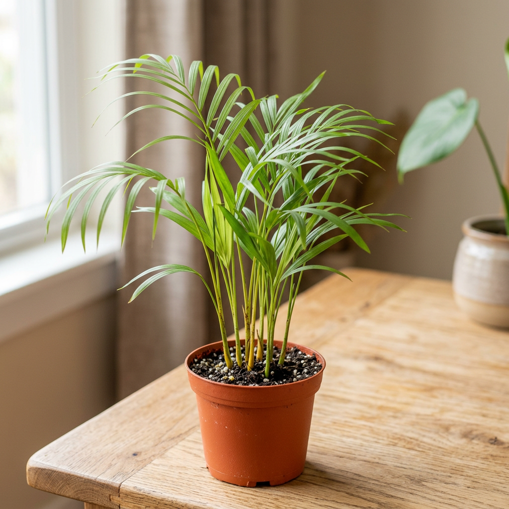 Illustration of a small Areca palm with delicate green fronds in a 4.5-inch nursery pot indoors.