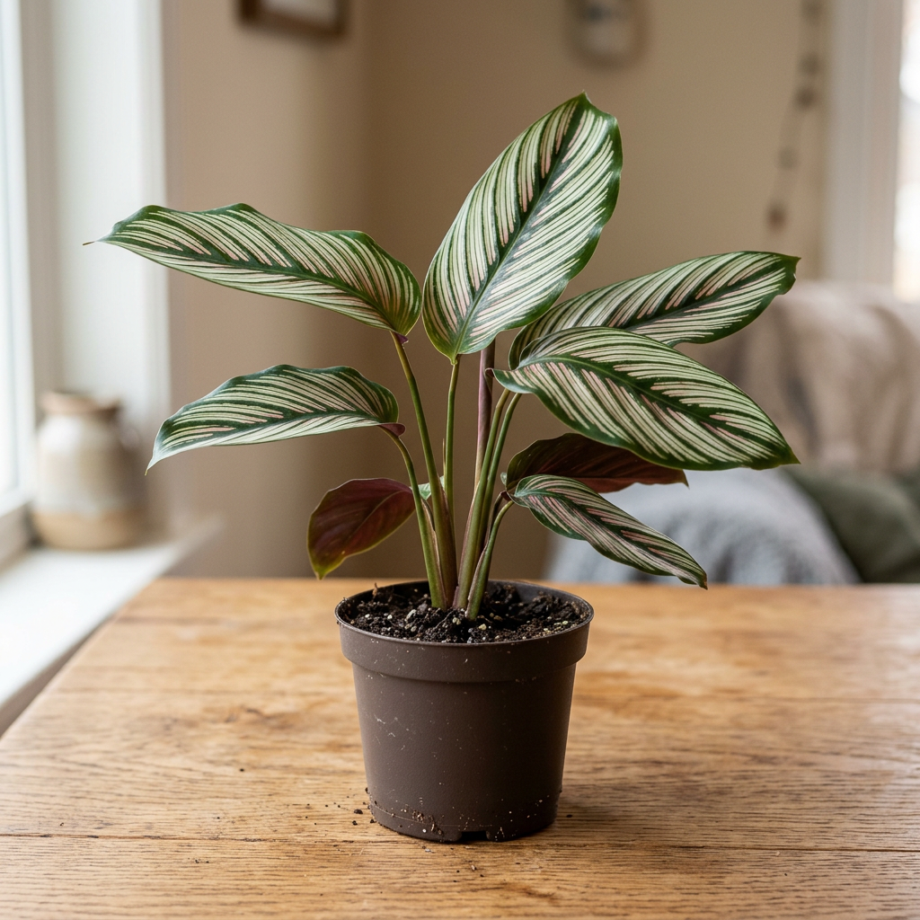 Illustration of a small Calathea White Star in a 4-inch nursery pot on an indoor table, with finely striped green, white and subtly pink leaves.