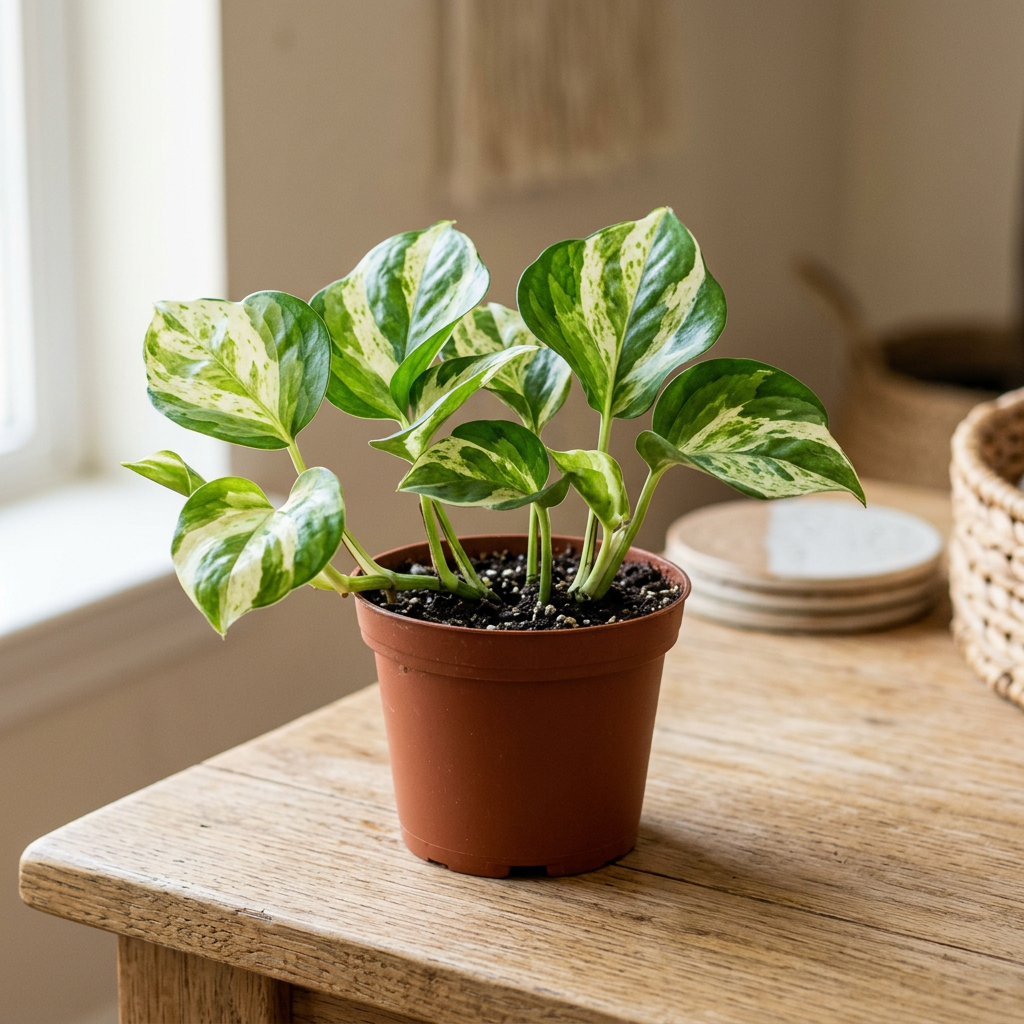 Illustration of a compact Manjula Pothos in a 4-inch nursery pot indoors, with cream, white and green marbled heart-shaped leaves. Variegation varies.
