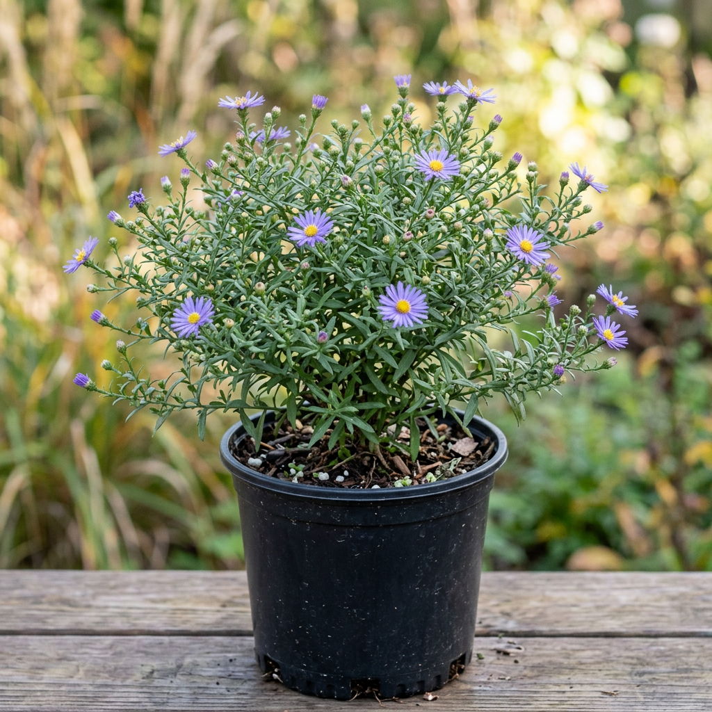 October Skies aromatic aster in a one-gallon nursery pot