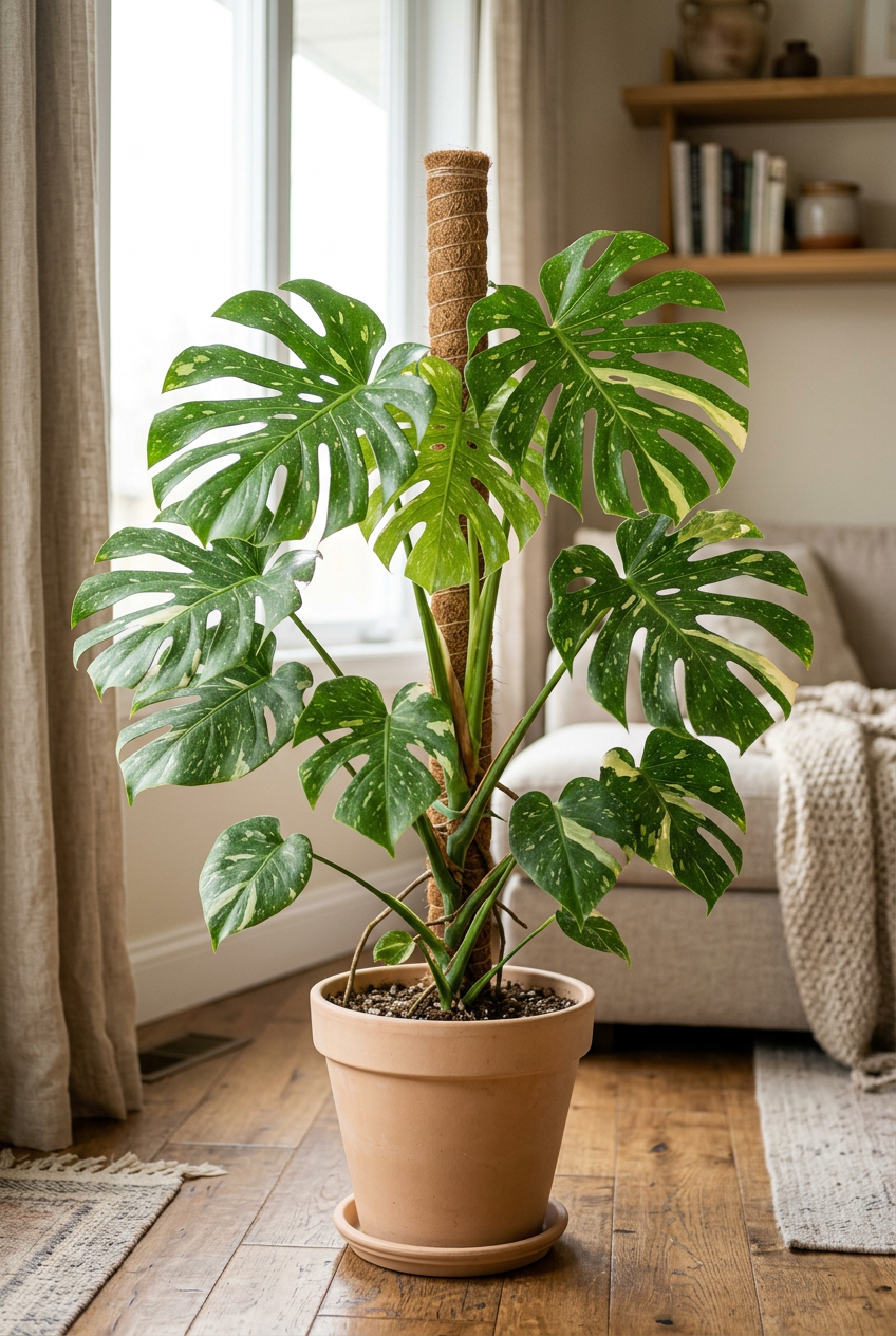 Illustrative example of possible Thai Constellation Monstera growth after approximately three years indoors, supported on a moss pole with larger split leaves. Actual growth, leaf openings, and variegation vary.