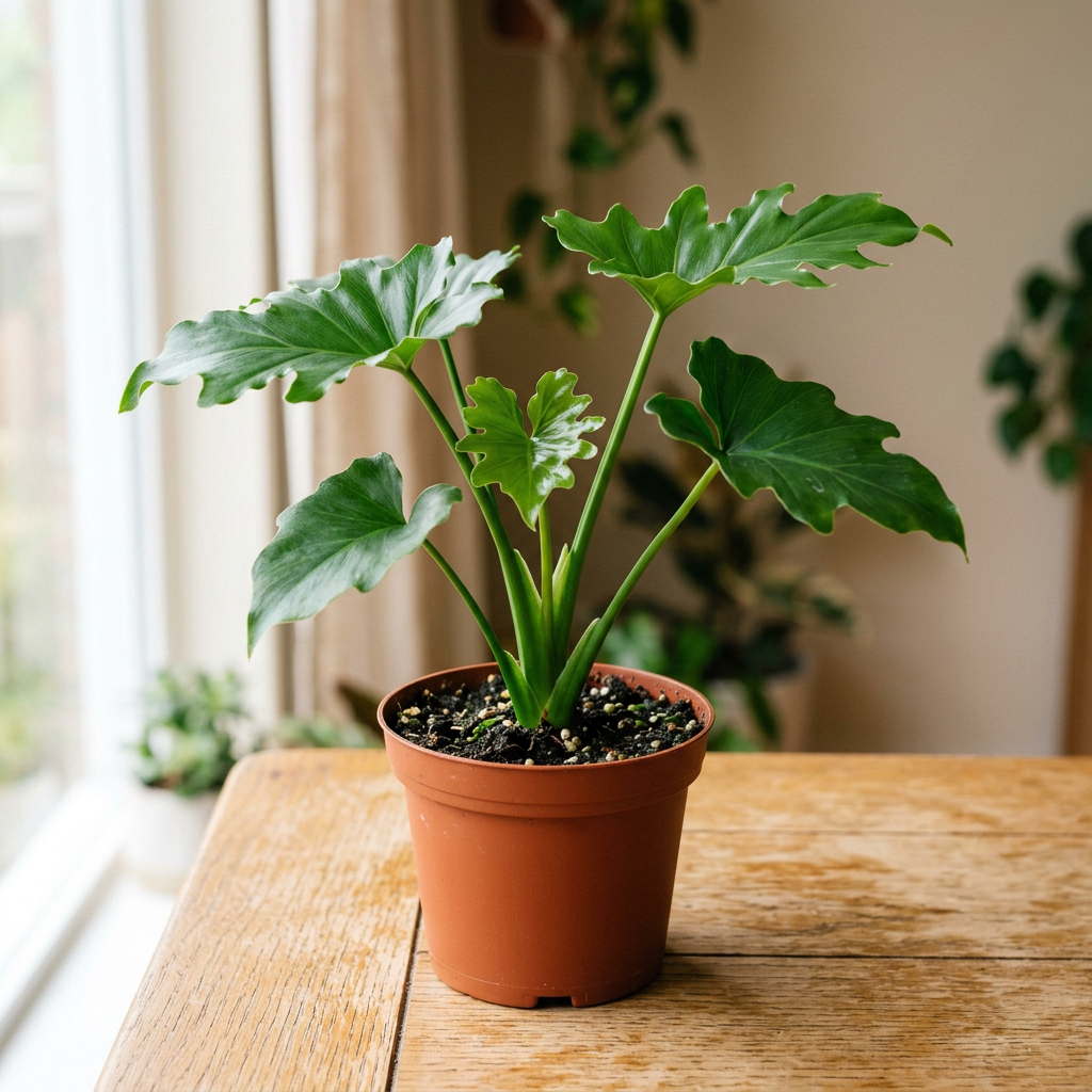 Illustration of a young Philodendron Hope with glossy green lobed foliage in a 4.5-inch nursery pot indoors.