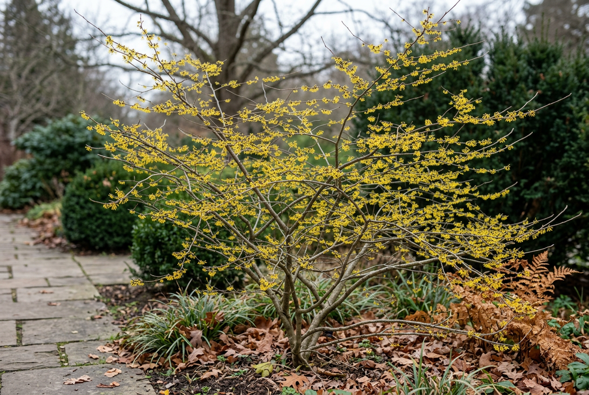 Witch hazel garden depiction with natural open branching and delicate yellow flowers, guided by the reference photo