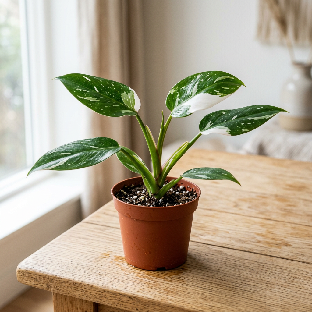 Illustration of a young Philodendron White Princess with green and white variegated leaves in a 4.5-inch nursery pot indoors.