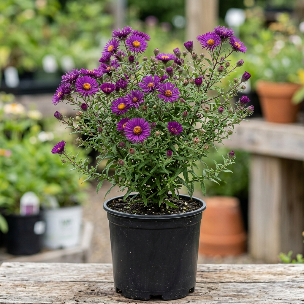 Aster ‘Grape Crush’ in a one-gallon nursery pot