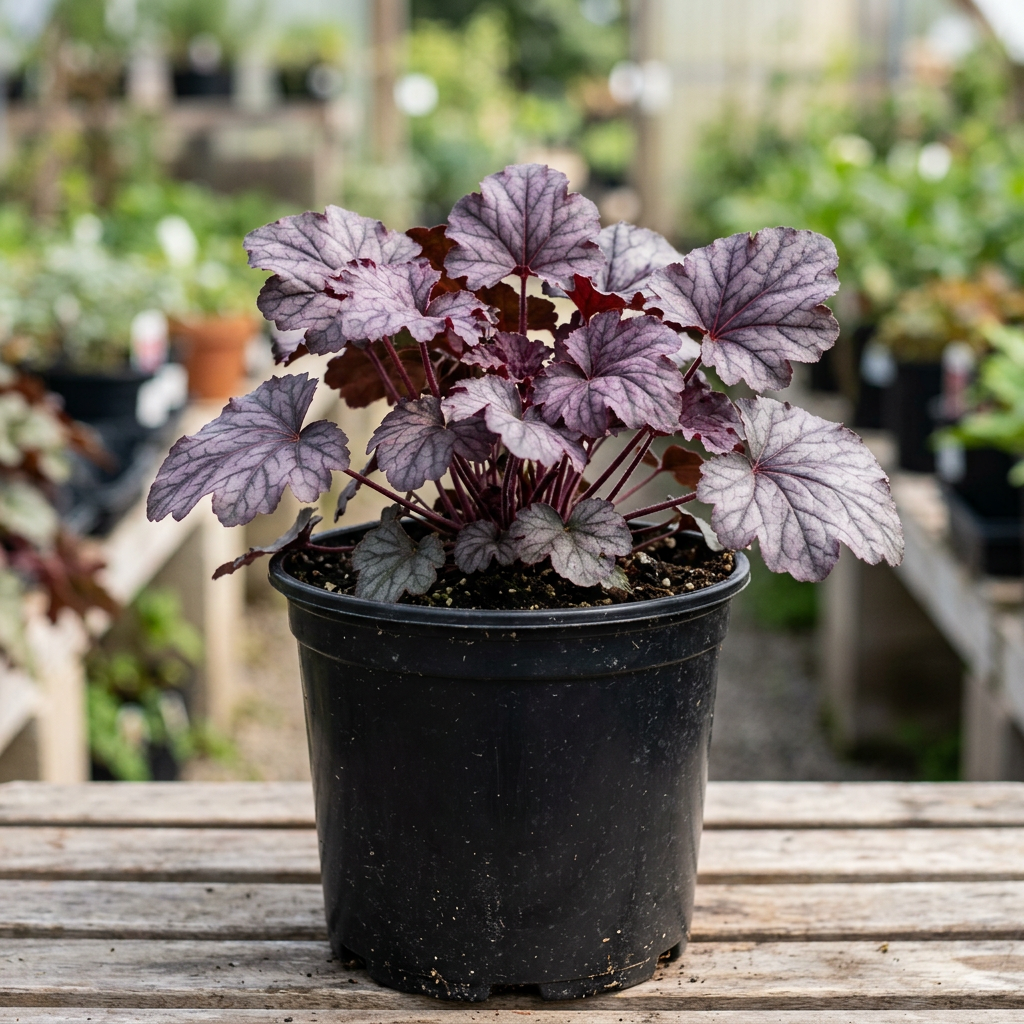 Heuchera ‘Plum Pudding’ in a one-gallon nursery pot