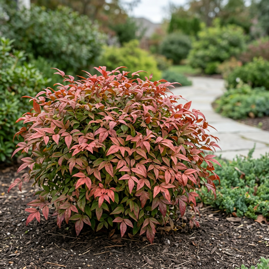 Established Nandina ‘Firepower’ with broad dense arching foliage in red, coral and green tones