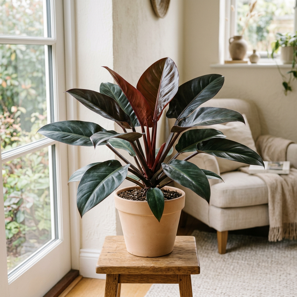 Illustrative example of possible Philodendron Black Cardinal growth after approximately three years indoors, with broad dark glossy leaves and bronze-burgundy new growth. Actual growth varies.