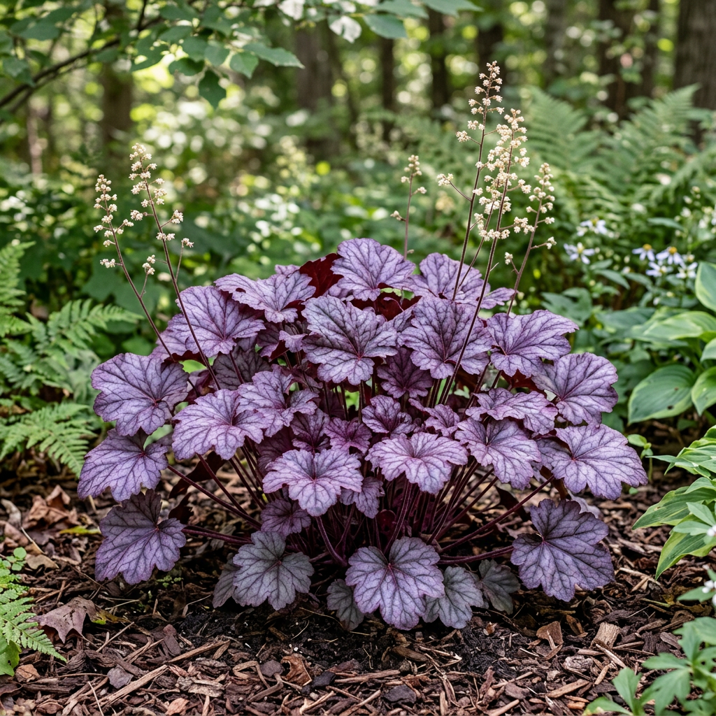 Heuchera ‘Plum Pudding’ illustrating approximately three years of growth in a garden