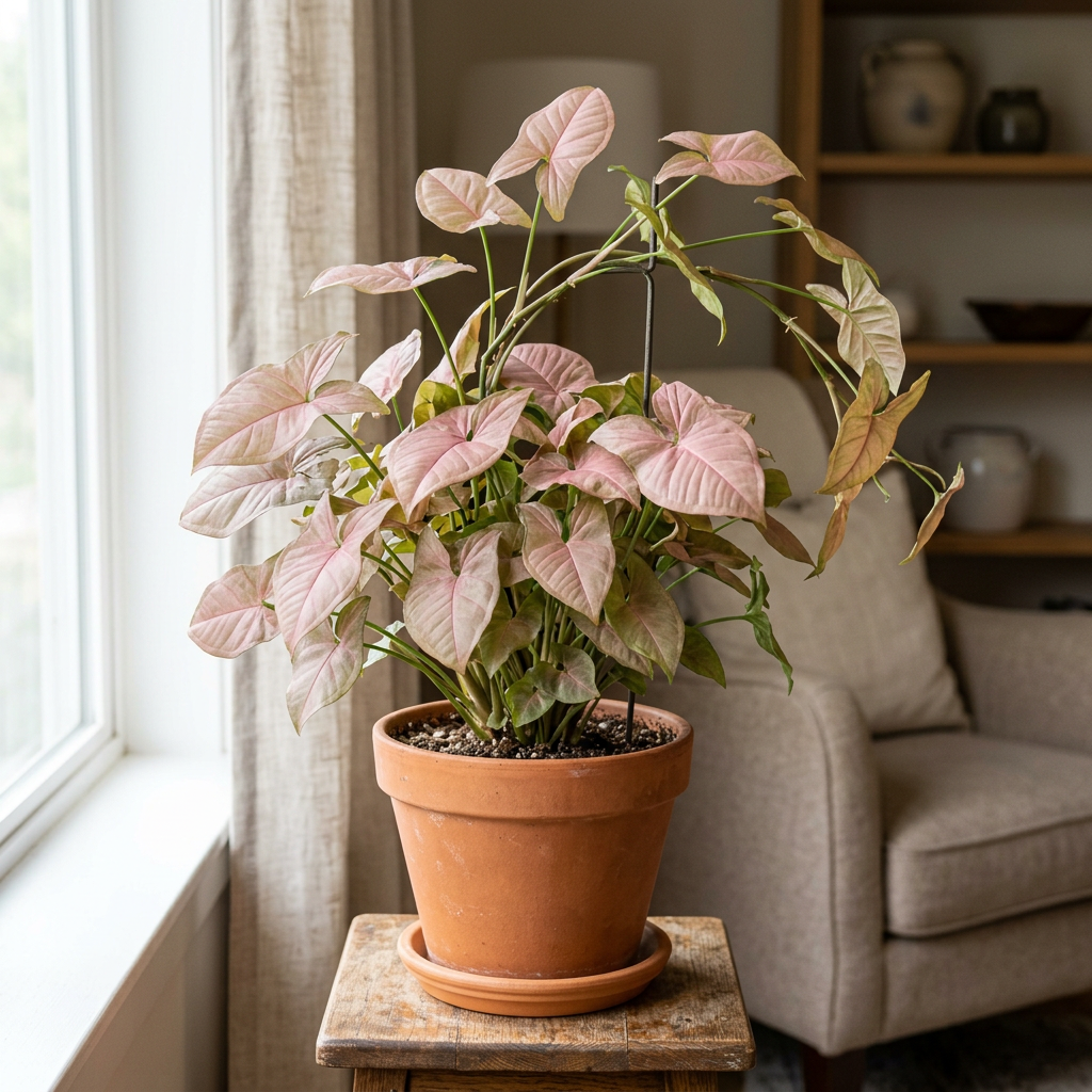 Illustrative example of possible Syngonium Neon growth after approximately three years indoors, showing fuller pink foliage and supported stems. Actual growth and coloring vary.