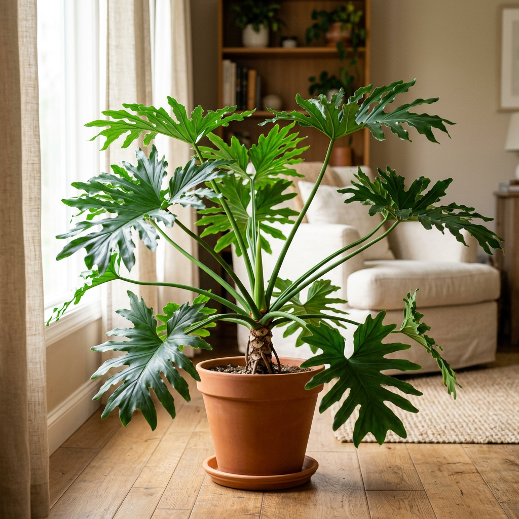 Illustrative example of possible Philodendron Hope growth after approximately three years indoors, showing a fuller spreading plant with deeply lobed leaves. Actual growth varies.