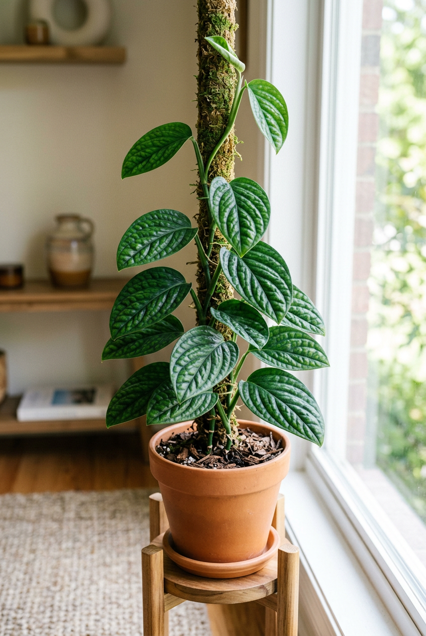 Illustrative example of possible Monstera Peru growth after approximately three years indoors, trained up a moss pole. Actual growth varies with care and conditions.