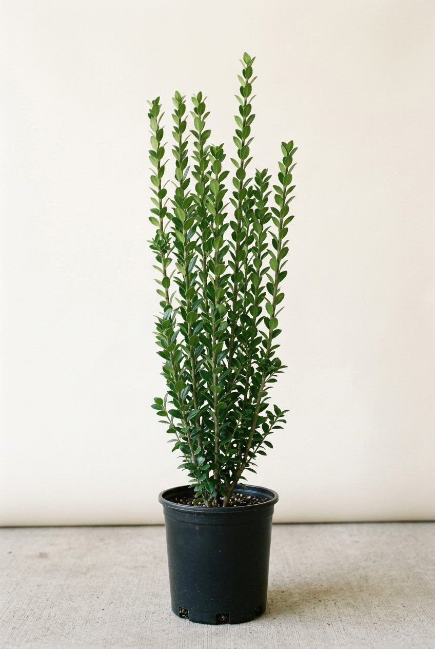 AI-generated representative image of Sky Pencil Japanese holly with multiple upright leafy stems in a black nursery container.